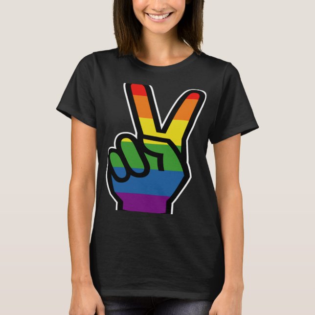 Camiseta Signo de orgullo de paz con mano arco iris (Anverso)