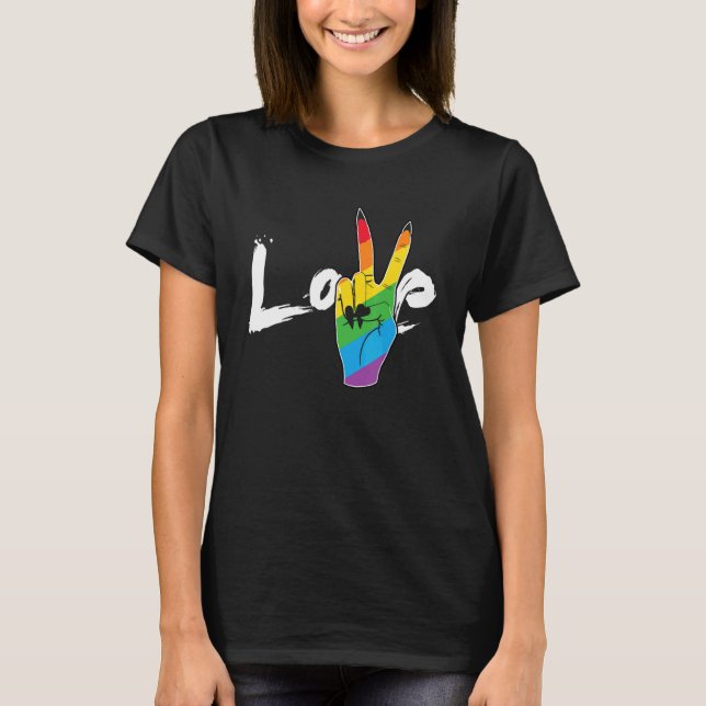 Camiseta Signo de paz de amor Rainbow Lesbian Lgbt Desfile  (Anverso)