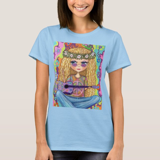 Camiseta Signo de paz de guitarra púrpura de pelo dorado hi (Anverso)