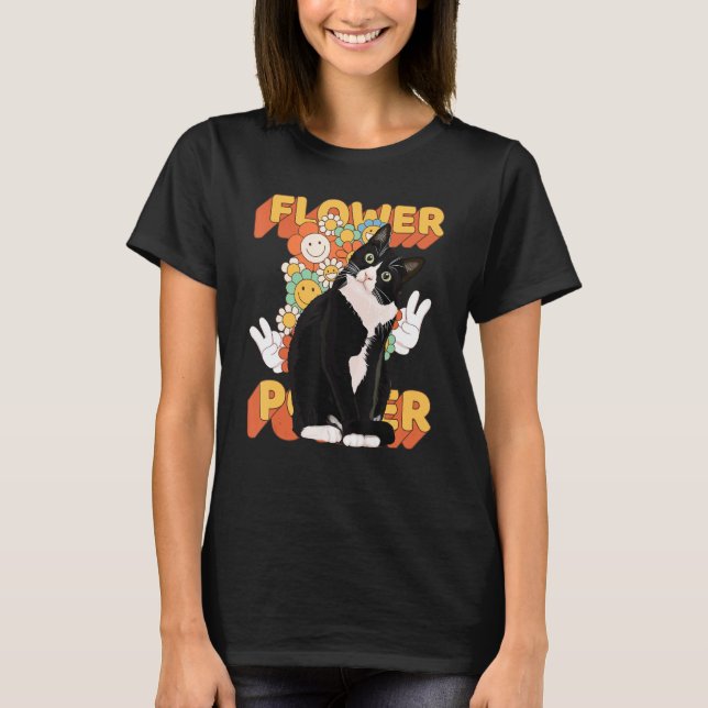 Camiseta Signo de paz floral del gato de Tuxedo de los años (Anverso)
