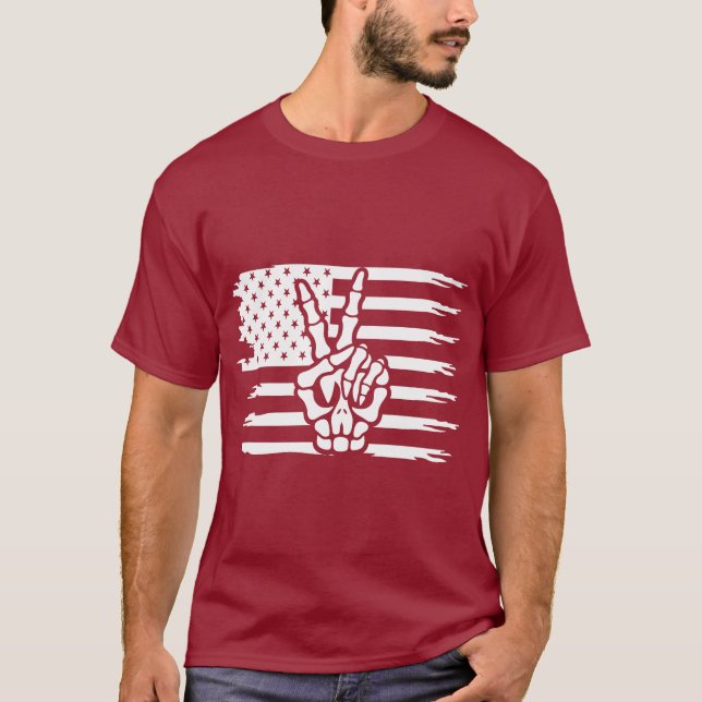 Camiseta Signo de paz mano de esqueleto de bandera estadoun (Anverso)