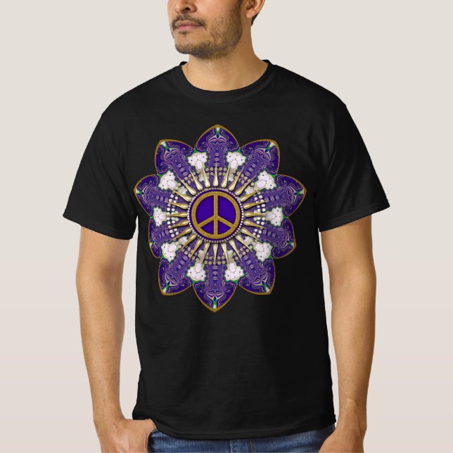 Camiseta Signo de paz morado y dorado Mandala (Anverso)
