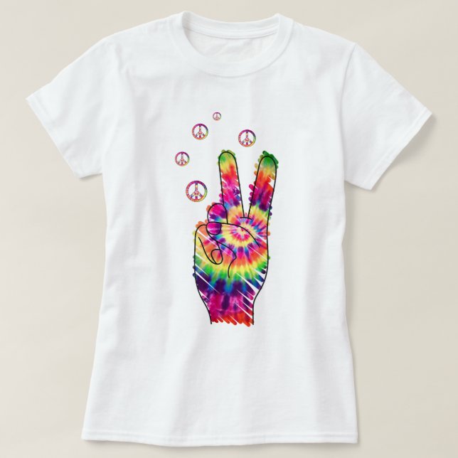 Camiseta Signo de paz psicodélica de tinte retro arcoiris (Diseño del anverso)