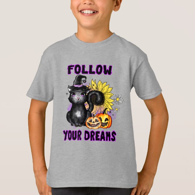 Camiseta Sigue tus sueños - gato negro Jack-O-Lantern (Anverso)
