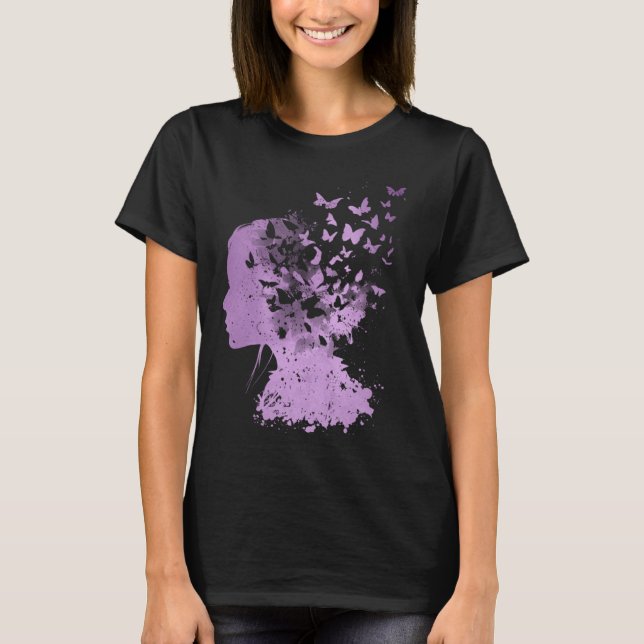 Camiseta Silhouette De Cabeza De Mujer Con Mariposas Que Fl (Anverso)