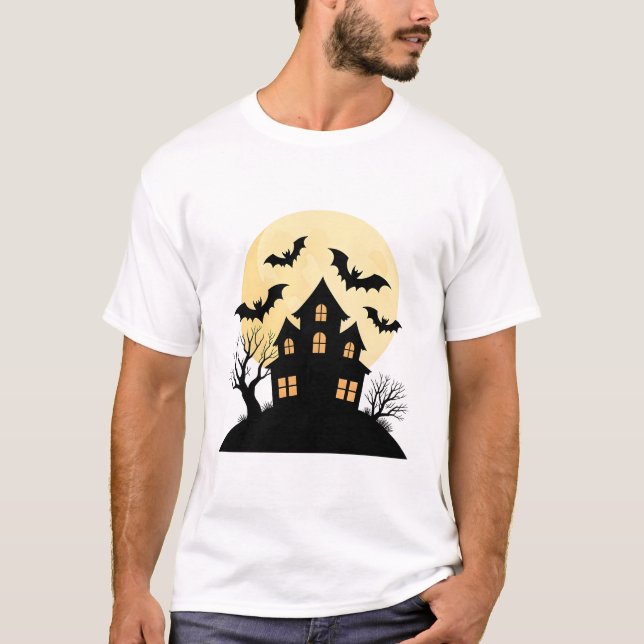 Camiseta Silhouette de casa embrujada con luna llena y murc (Anverso)