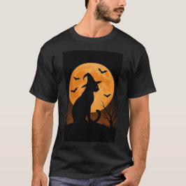 Camiseta Silhouette De Gato De Brujas Con Luna Llena Y Bats
