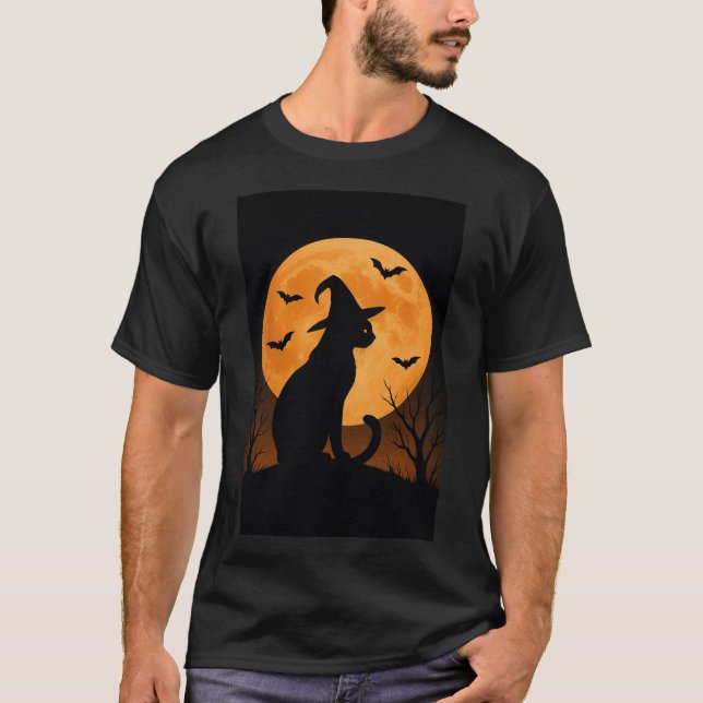 Camiseta Silhouette De Gato De Brujas Con Luna Llena Y Bats (Anverso)