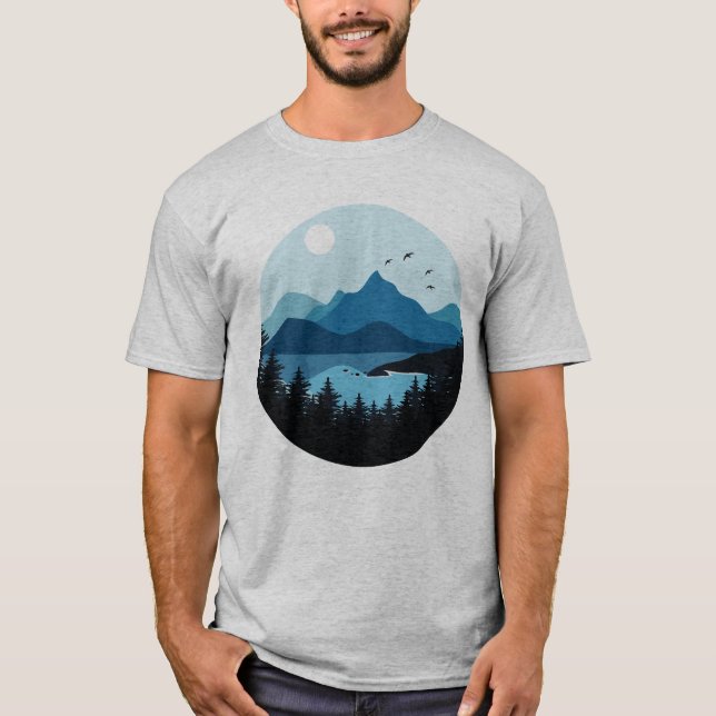 Camiseta Silhouette De Montaña Azul Y Escenario Forestal (Anverso)
