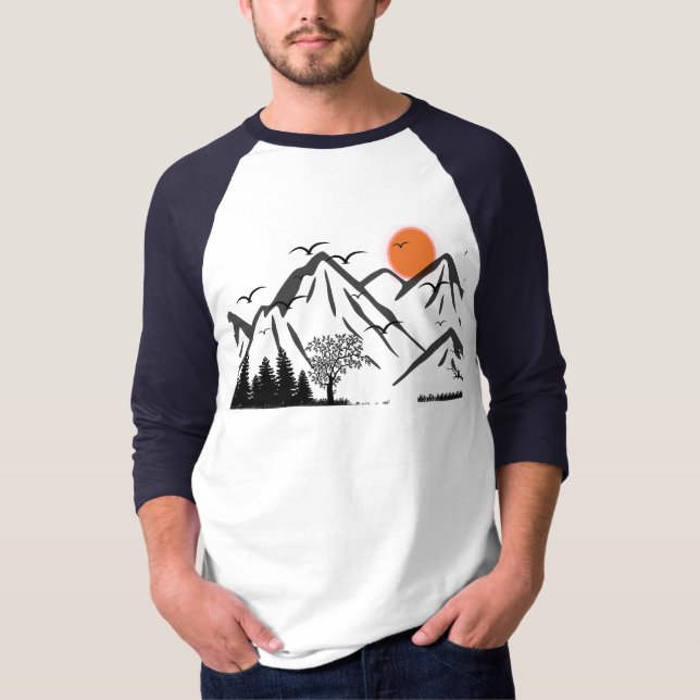 Camiseta Silhouette de montaña con aves voladoras (Anverso)