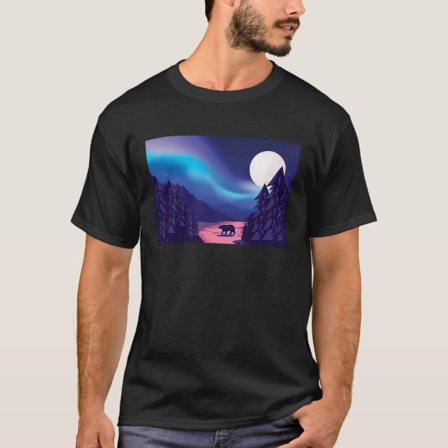 Camiseta Silhouette de oso polar con luna y aurora (Anverso)