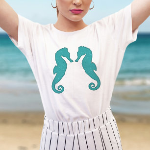 Camiseta Silhouettes de caballito de mar Aqua Blue Simple N