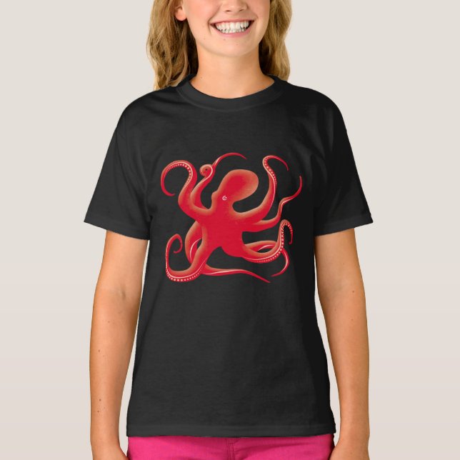 Camiseta Silueta de arte octopus de vector rojo simple (Anverso)
