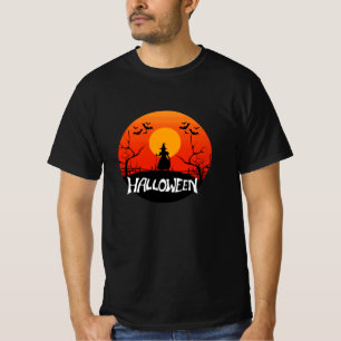 Camiseta Silueta de bruja puesta de sol naranja luna Hallow