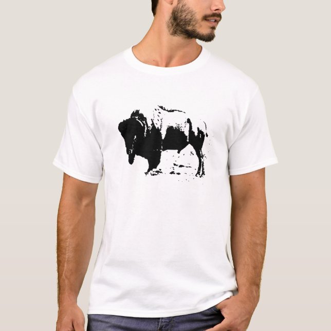 Camiseta Silueta de búfalo blanco y negro de arte pop (Anverso)