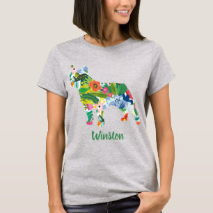 Camiseta Silueta de Bulldog Francés con flores y nombre per