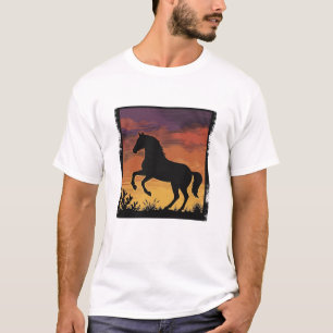 Camiseta Silueta de caballo de puesta de sol vintage grabad