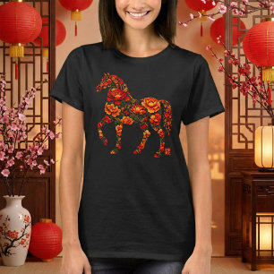 Camiseta Silueta de caballo floral arte botánico chino
