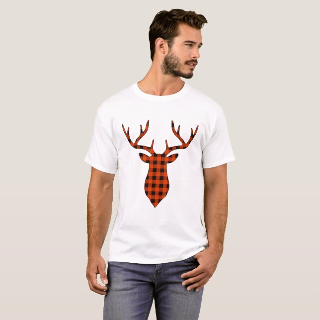 Camiseta Silueta de cabeza de buck de ciervo rojo y negro (Anverso completo)
