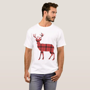 Camiseta Silueta de ciervo rústico a cuadros escoceses rojo