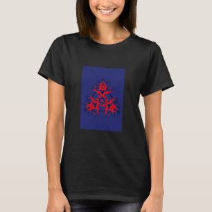 Camiseta Silueta de damasco rojo floral sobre azul marino