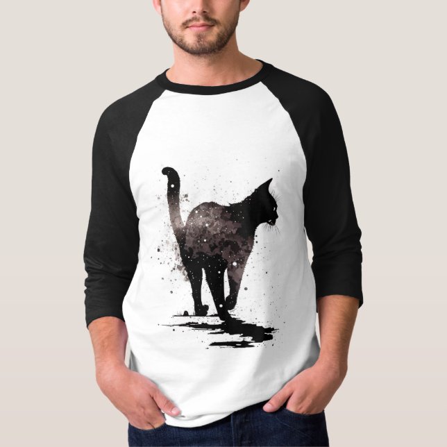 Camiseta Silueta de gato andando negra en blanco (Anverso)