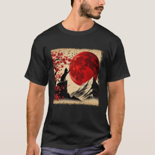 Camiseta Silueta de gato cerezo florece luna roja japonesa