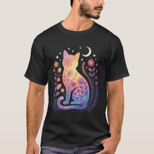 Camiseta Silueta de gato con flores luna y estrellas místic