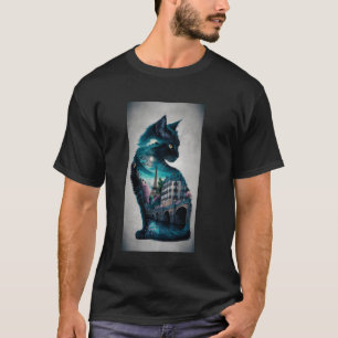 Camiseta Silueta de gato con paisaje urbano nocturno y río