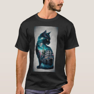 Camiseta Silueta de gato con paisaje urbano nocturno y río