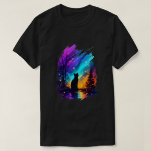 Camiseta Silueta de gato místico Aurora boreal Negro