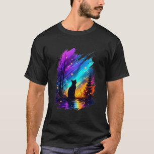 Camiseta Silueta de gato místico Aurora boreal Negro