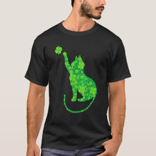 Camiseta Silueta de gato verde tréboles día de San Patricio