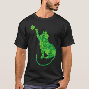 Camiseta Silueta de gato verde tréboles día de San Patricio