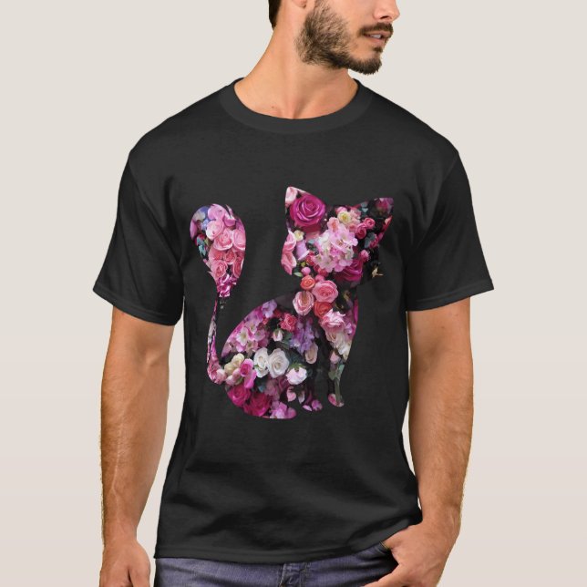 Camiseta Silueta De Gato Y Rosas Rosa (Anverso)