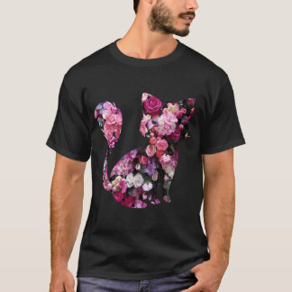 Camiseta Silueta De Gato Y Rosas Rosa
