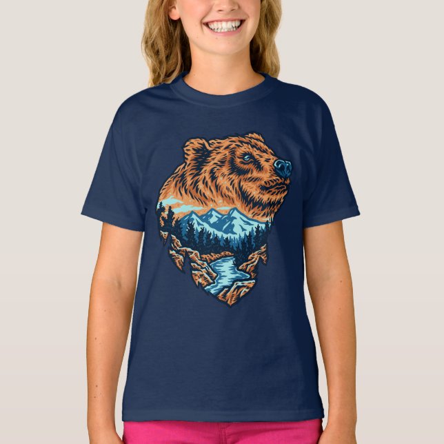 Camiseta Silueta de la cabeza de oso grizzly montaña bosque (Anverso)