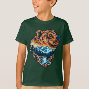 Camiseta Silueta de la cabeza de oso grizzly montaña bosque