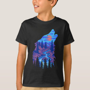 Camiseta Silueta de lobo aullando paisaje de bosque río