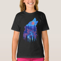 Silueta de lobo aullando paisaje de bosque río