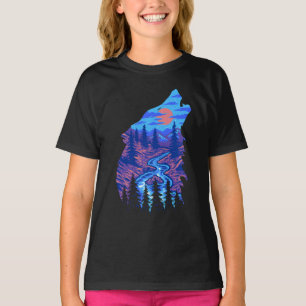Camiseta Silueta de lobo aullando paisaje de bosque río