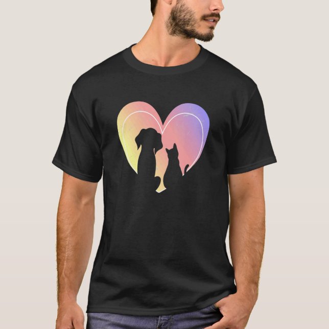 Camiseta Silueta De Perro Cardíaco Y Gato, Animales De Cora (Anverso)