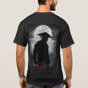 Camiseta Silueta de Samurái Japonés con Katana Rojo y Luna
