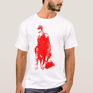 Camiseta silueta roja de un hombre con las manos en el suel