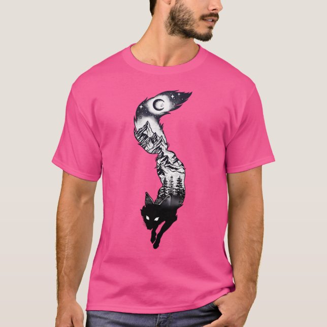Camiseta Silueta Surreal Fox Con Montañas Tress Moon (Anverso)