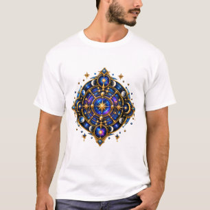 Camiseta Símbolo Celestial Místico Dorado Azul Emblema Cósm
