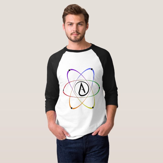 Camiseta Símbolo de átomo ateo arcoíris negro (Anverso completo)