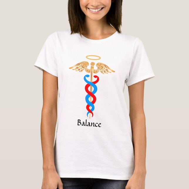 Camiseta Símbolo de Caduceus en oro , azul y rojo (Anverso)
