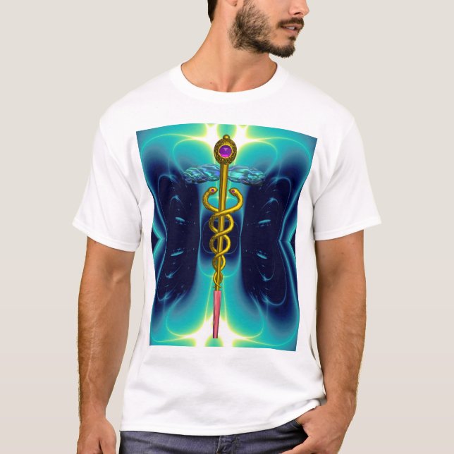 Camiseta SÍMBOLO MÉDICO CADUCEO DE ORO, azul turquesa Verde (Anverso)