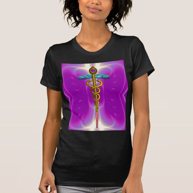 Camiseta SÍMBOLO MÉDICO DE CADUCEO DE ORO, Fuchsia rosa (Anverso)